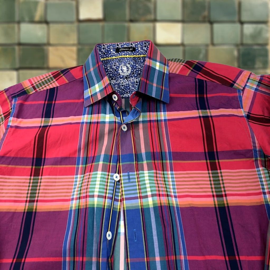 BUGATCHI Bugatchi Uomo Shirt Button-Up Plaid Cotton Classic Fit Long Sleeve Casual Collar 14/14.5 Mens Regular Size Multicolor Size US M / EU 48-50 / 2 - 1 Thumbnail
