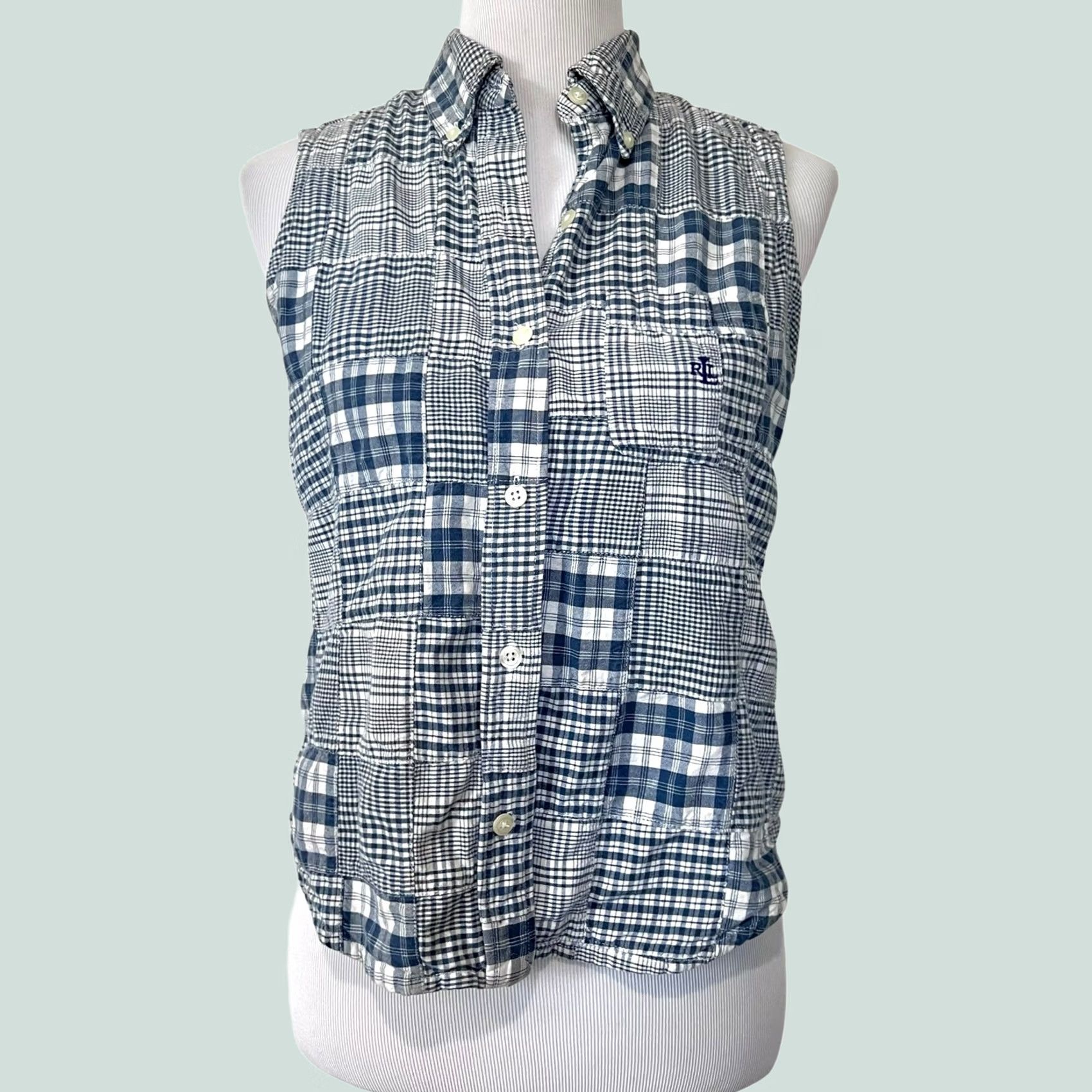 Ralph Lauren VINTAGE Lauren Ralph Lauren Plaid Patchwork Top Button Up Sleeveless Blue Sz 10P Petite Ladies Womens Polo Shirt Top Size L / US 10 / IT 46 - 1 Thumbnail