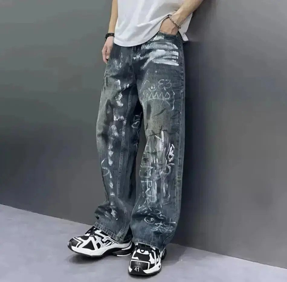 Japanese Brand Y2K Baggy Jeans Vintage Blue Loosen Fit Hand-painted Denim Size US 32 / EU 48 - 3 Thumbnail