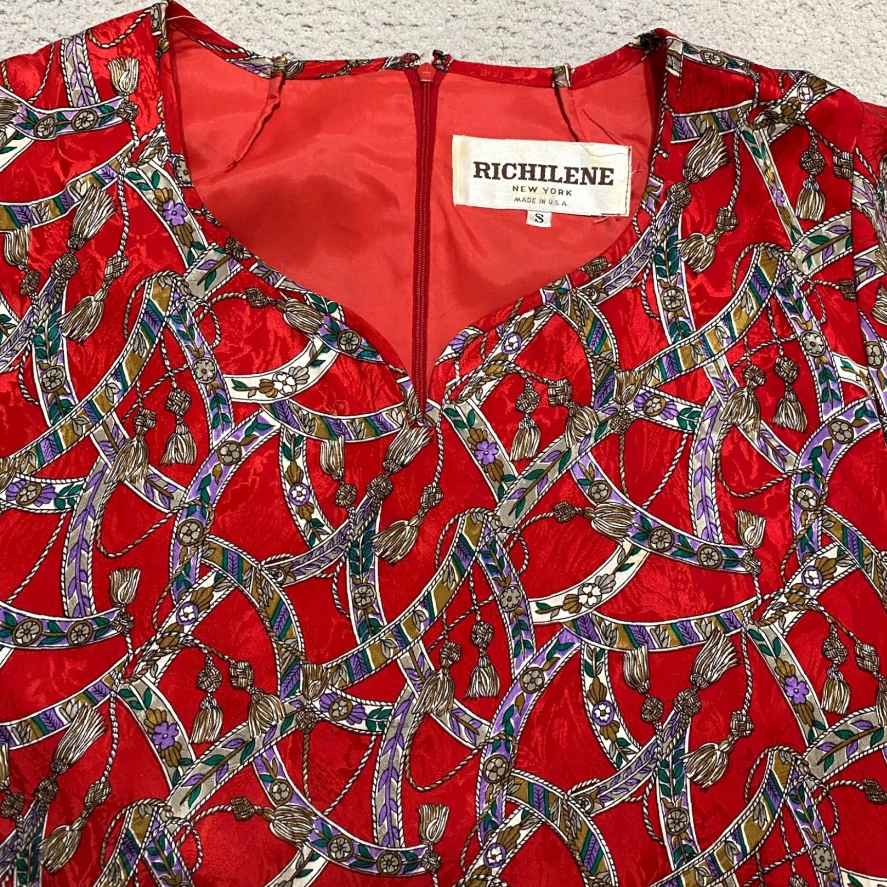 Vintage VINTAGE Richilene Womens Dress S Red 3/4 Sleeve V-Neck Midi 70s Geometric Bohemian Small US Size S / US 4 / IT 40 - 7 Thumbnail