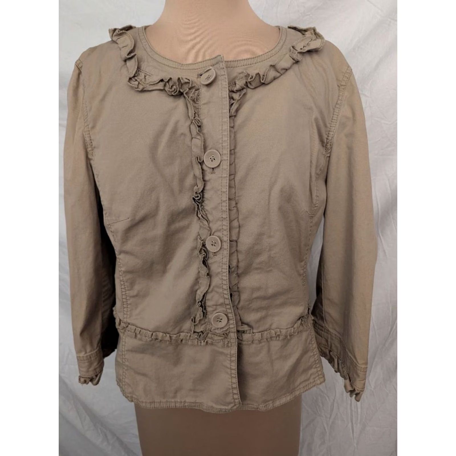 Ann Taylor Ann Taylor Loft Blazer Jacket Womens Sz 14 Tan Cotton Blend Ruffle Trim Button Front Short Jacket Beige Utility Workwear Spring Fall Size XL / US 12-14 / IT 48-50 - 2 Thumbnail