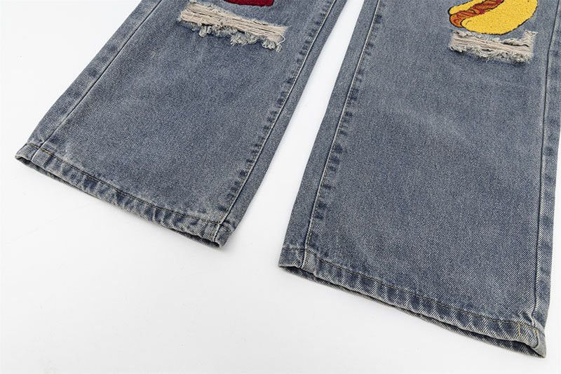 Jean Street-style retro burger fries embroidered ripped jeans Size US 32 / EU 48 - 6 Thumbnail