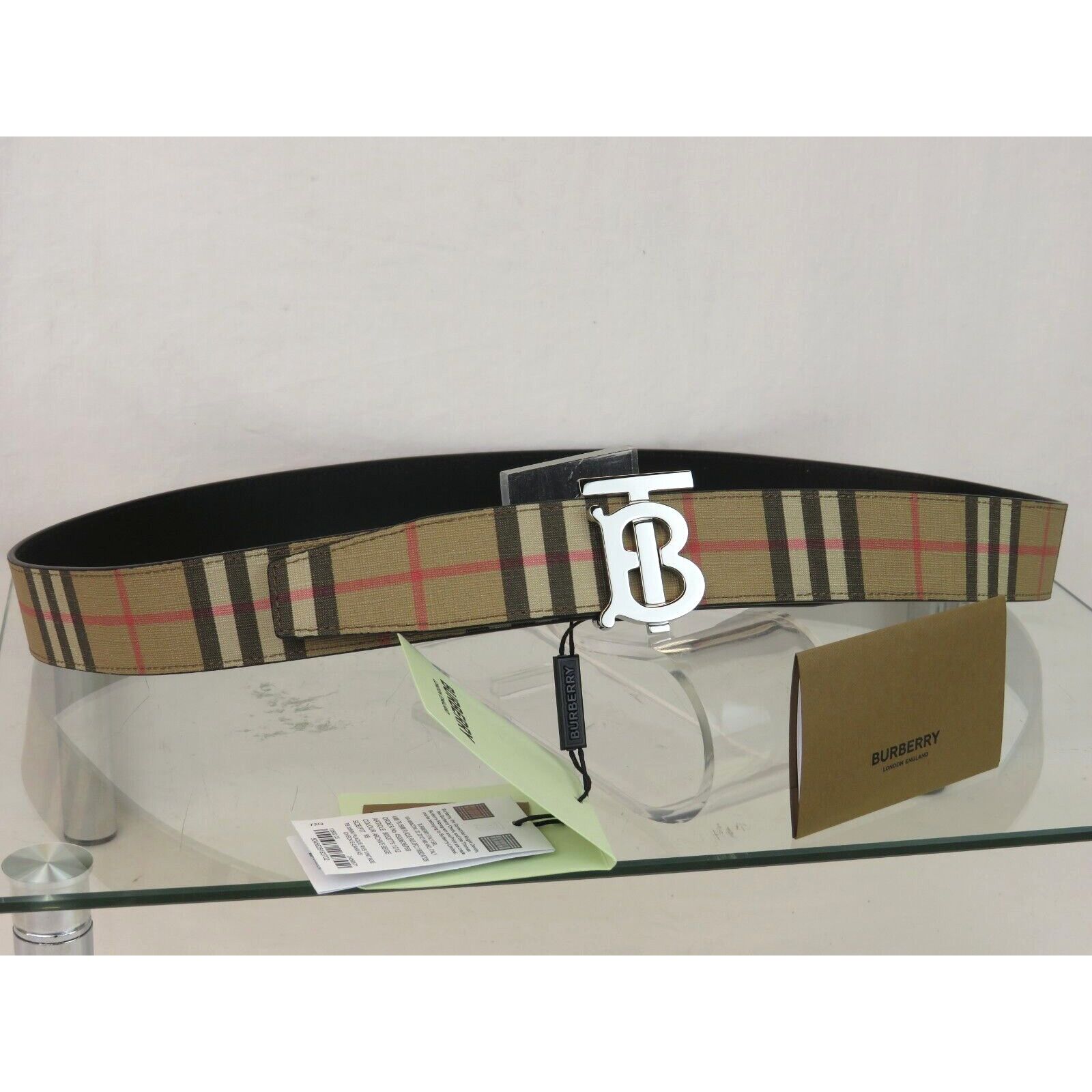 Burberry TB 35 BEIGE CHECK BLACK LEATHER REVERSIBLE LOGO BELT 95 38 Size 38 - 12 Thumbnail