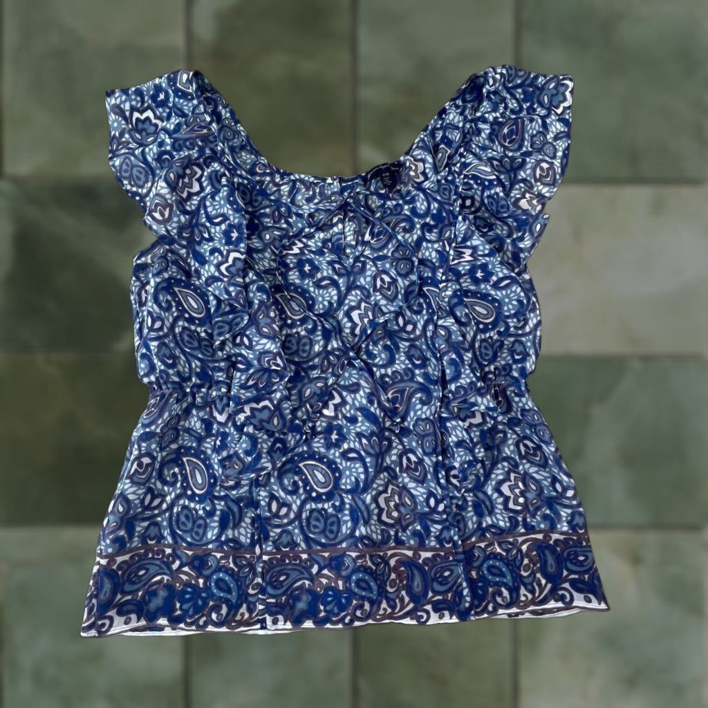 American Eagle Outfitters American Eagle Womens Blue Sleeveless Ruffle Paisley Blouse Top XS Chiffon Elastic Waist Shirt Size XS / US 0-2 / IT 36-38 - 1 Thumbnail