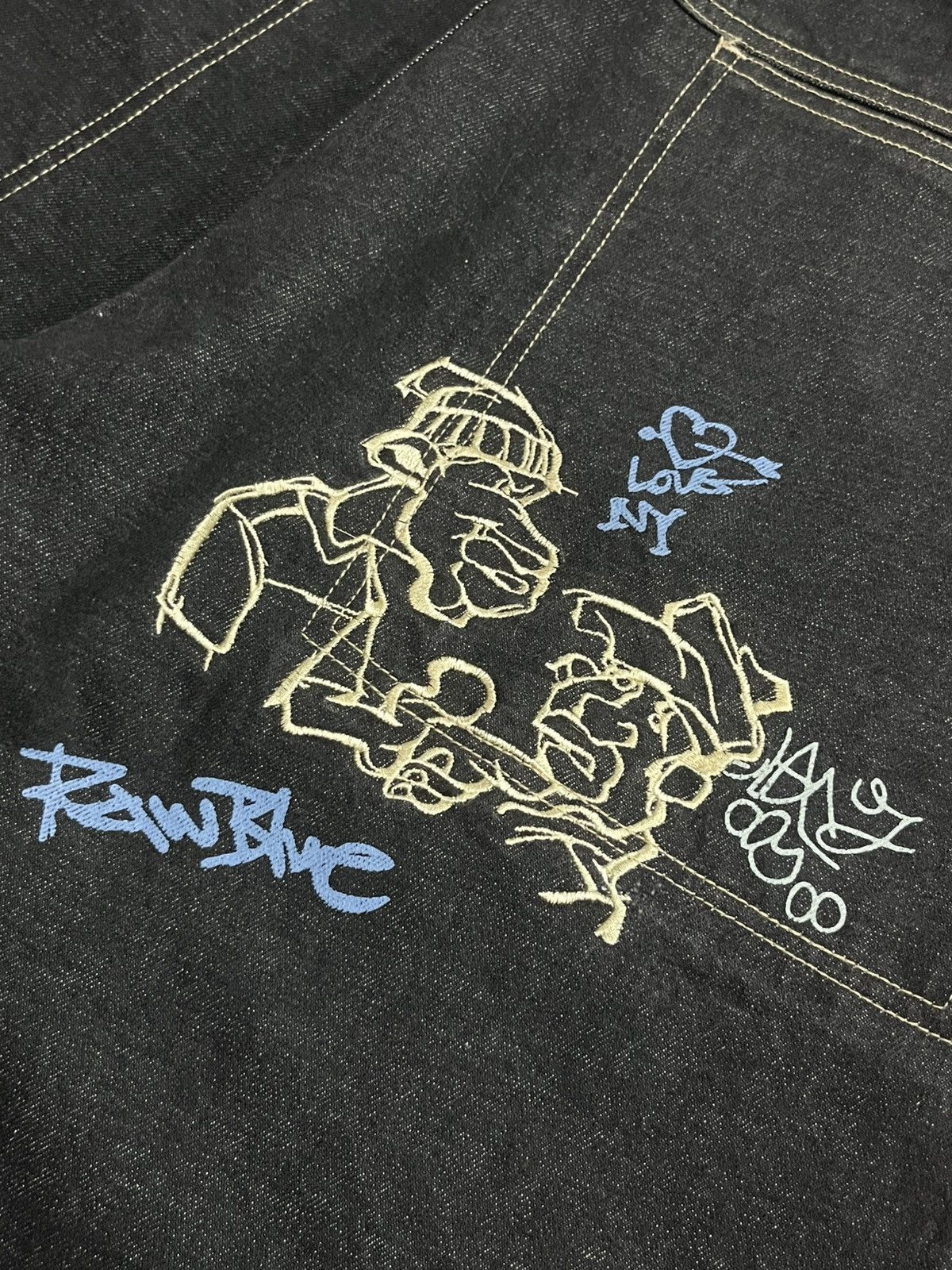 JNCO ⚡️Baggy⚡️Vintage Raw Blue Company Dark Washed Graffiti Jeans Size US 42 / EU 58 - 8 Thumbnail