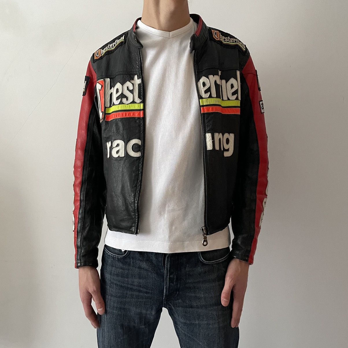 image of Leather Jacket x Racing Vintage Moto Race Jacket in Black, Men's (Size Small)