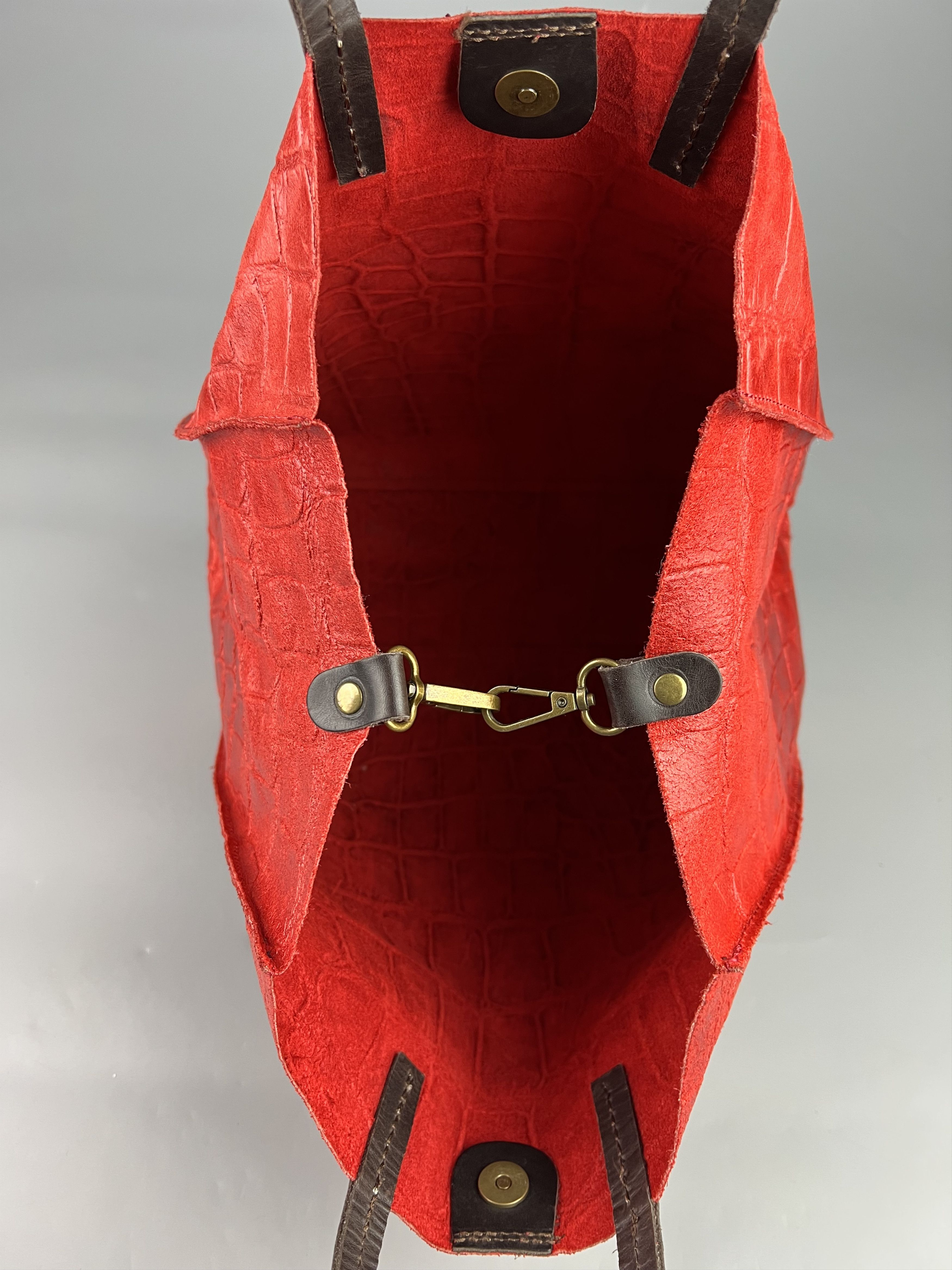 Handmade × Leather Embossed Croco Print Red Leather Tote Bag Hand Made Size ONE SIZE - 7 Thumbnail