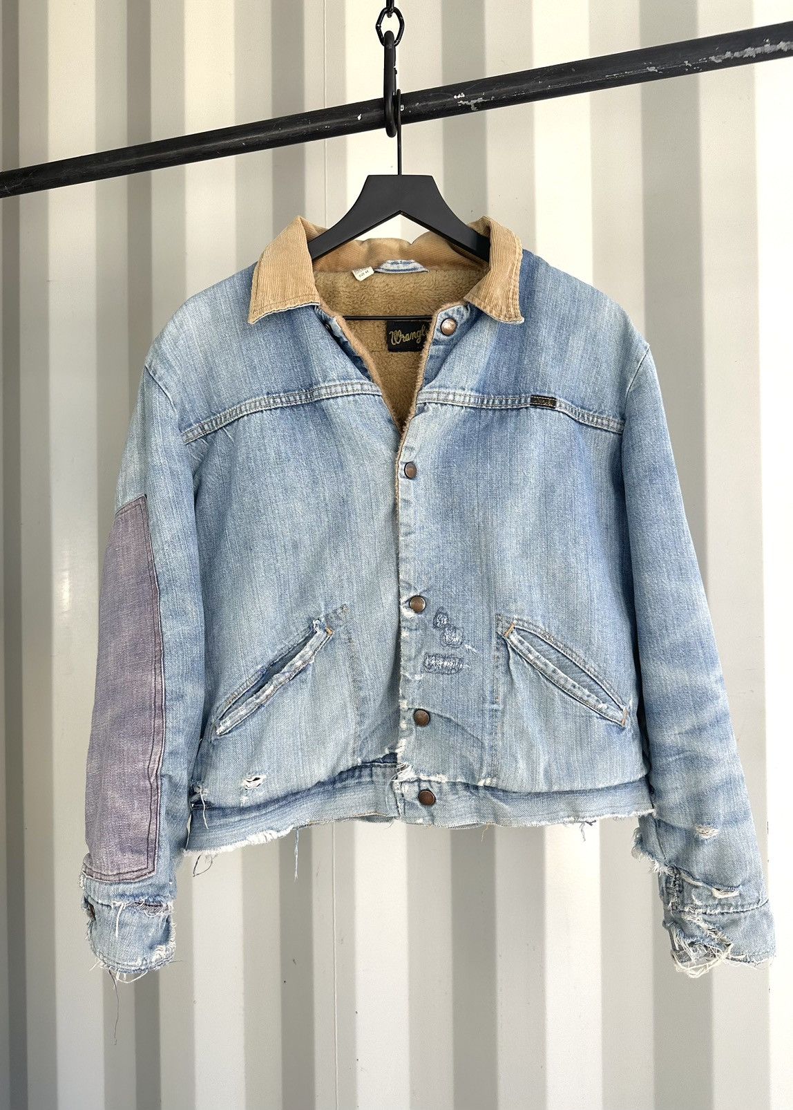 image of Vintage x Wrangler Thrashed Denim Farm Jacket in Blue, Men's (Size Small)