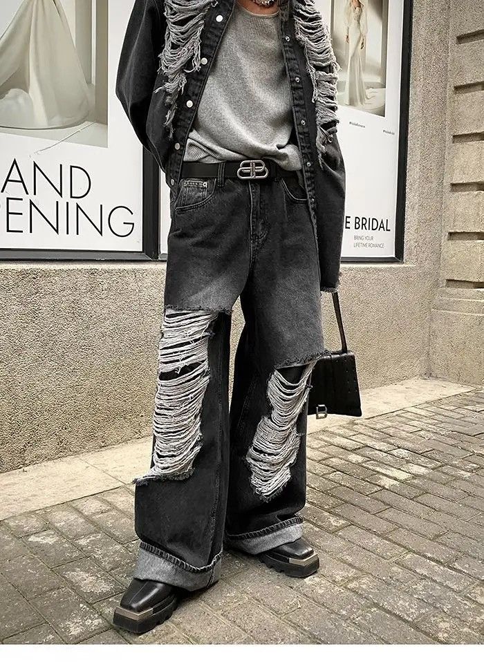 Jean × Vintage Baggy distressed ripped wide leg y2k jeans Size US 32 / EU 48 - 5 Thumbnail