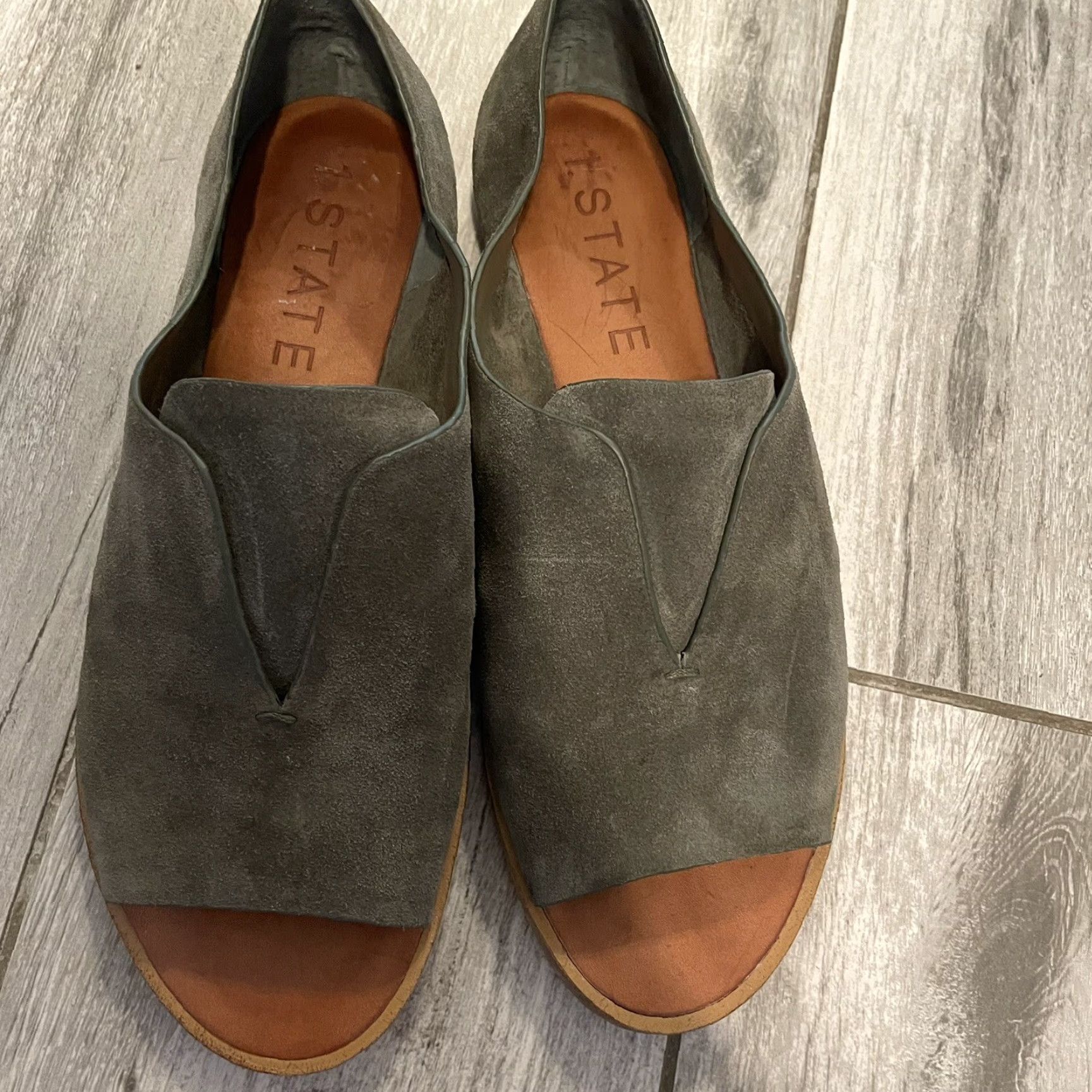 Vintage 1. STATE Cassidee Suede Leather Open Toe Olive Slip On Flats - 6 Womens State d’Orsay Green Flat Size US 6 / IT 36 - 5 Thumbnail