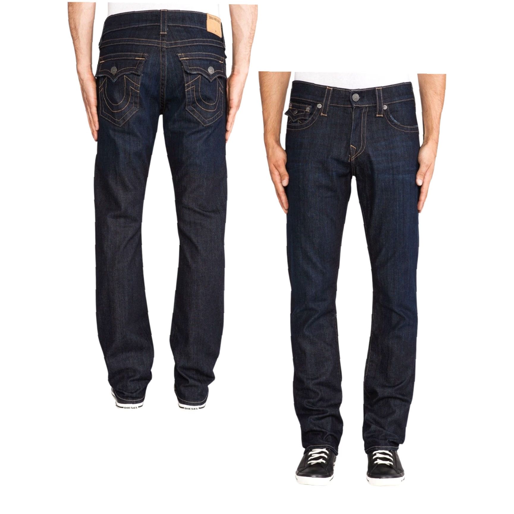True Religion True Religion Ricky Straight Jeans 42x34 Dark Wash Mens Regular 42 Blue Denim Stretch USA Logo Pocket Zipper Button Casual Straight Mens Size US 42 / EU 58 - 3 Thumbnail