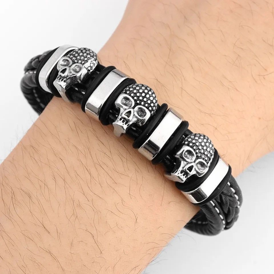 Jewelry Multi-Layer Leather Woven Skull Bracelet Size ONE SIZE - 5 Thumbnail