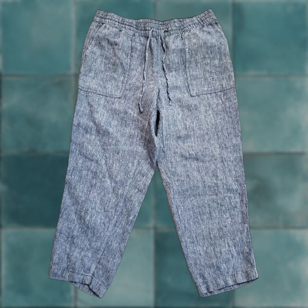 Vintage Land's End Linen Pants Women 12 Chambray Blue Crop Pull On Elastic Waist Coastal Size 34" / US 12 / IT 48 - 1 Thumbnail
