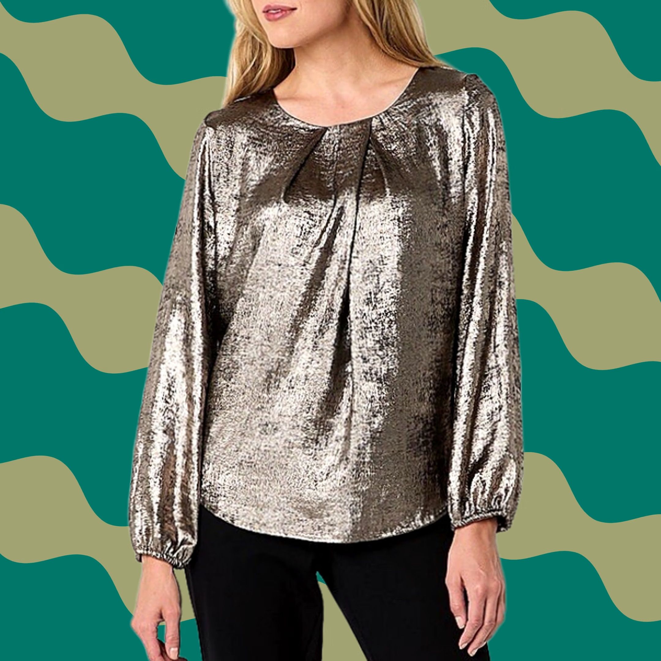 Liz Claiborne Liz Claiborne Blouse Gold Satin Round Neck Balloon Sleeve M Womens Size M / US 6-8 / IT 42-44 - 1 Thumbnail