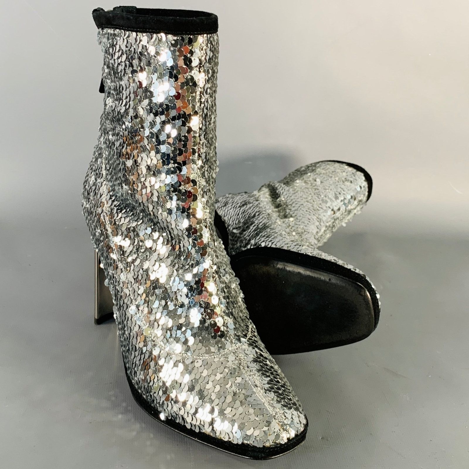 Giuseppe Zanotti GIUSEPPE ZANOTTI Silver Black Sequined Back Zip Booties Size US 7.5 / IT 37.5 - 5 Thumbnail