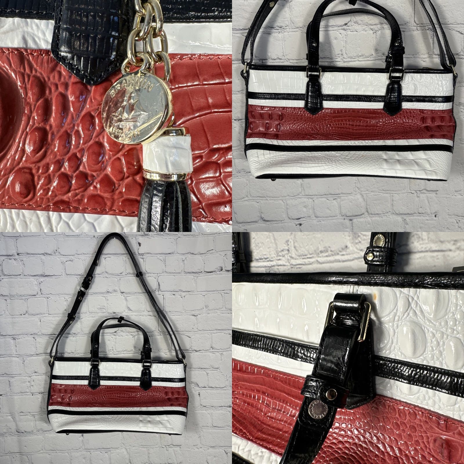 BRAHMIN Brahmin Melbourne Collection Mini Asher Croc Embossed Leather Tote Bag Red Shoulder Bag Women Zip Pockets Tassel 22k Gold Beig e Lining Brown/Beige? Size ONE SIZE - 8 Thumbnail