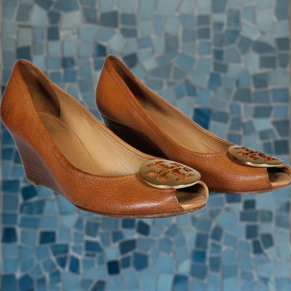 Tory Burch Tory Burch Sally 2 Brown Tumbled Leather Peep-Toe Wedge Heel Gold Logo Women US 10 M Size US 10 / IT 40 - 1 Thumbnail
