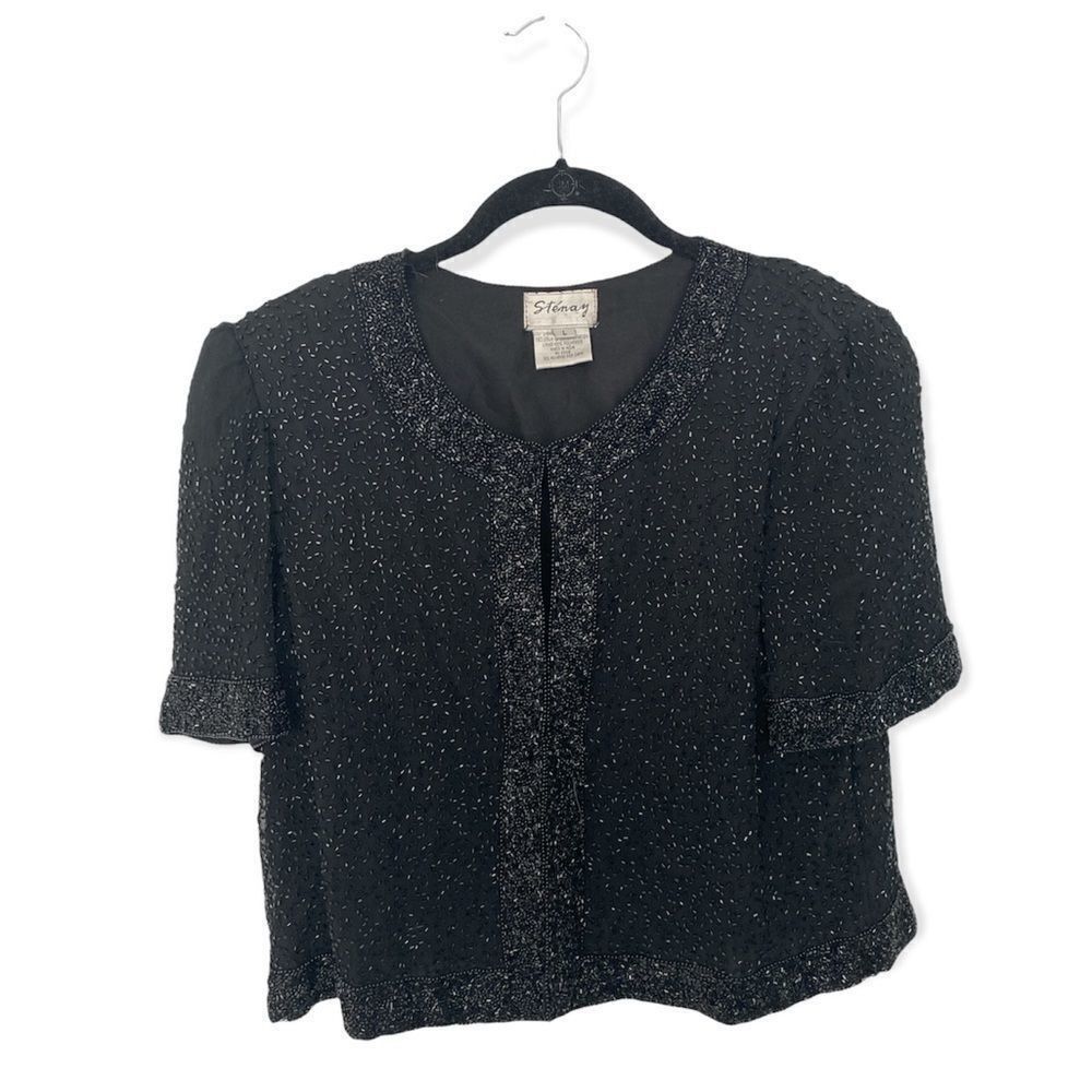 Other Stenay Vintage Black Silk Beaded Blouse | Open Front | Short Size L / US 10 / IT 46 - 2 Thumbnail