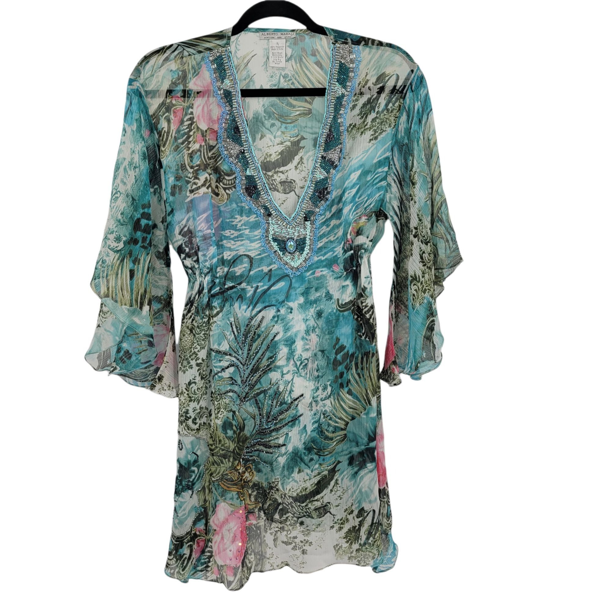 Vintage Vtg Alberto Makali Sheer Fairy Dress Sz S Blue Floral Beade Size S / US 4 / IT 40 - 1 Thumbnail