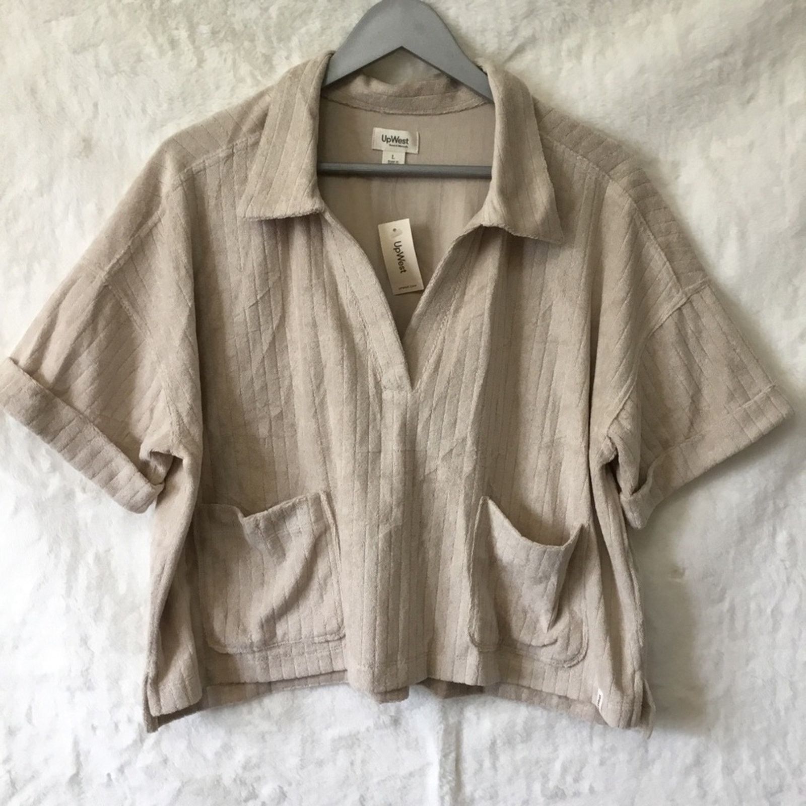 Other UpWest Beige Collared Half Button-Down Short-Sleeve Top Size L / US 10 / IT 46 - 1 Thumbnail