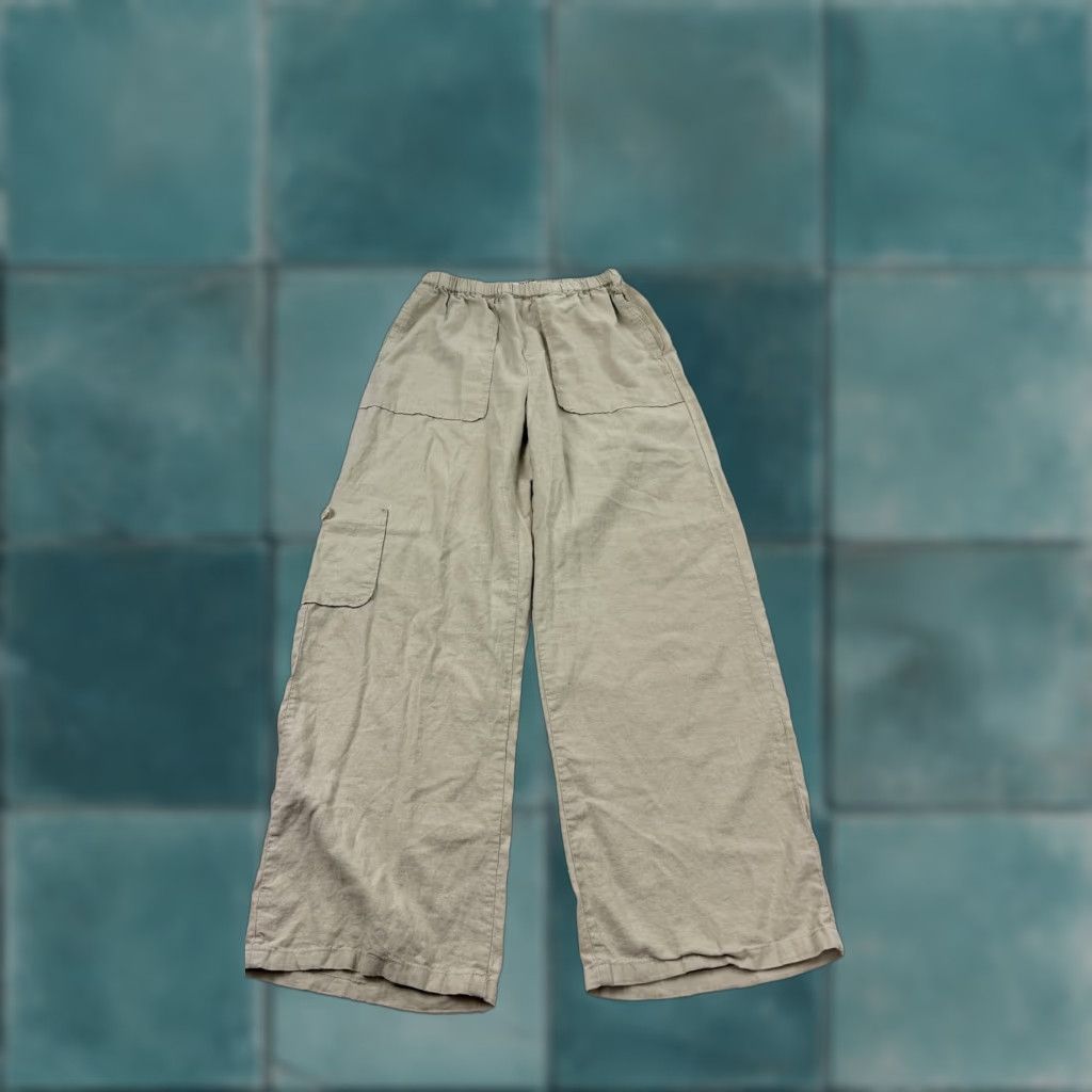 Vintage Pull & Bear Pants Womens Small Beige Linen-Blend Cargo Wide Leg Elastic Waist Size 28" / US 6 / IT 42 - 1 Thumbnail