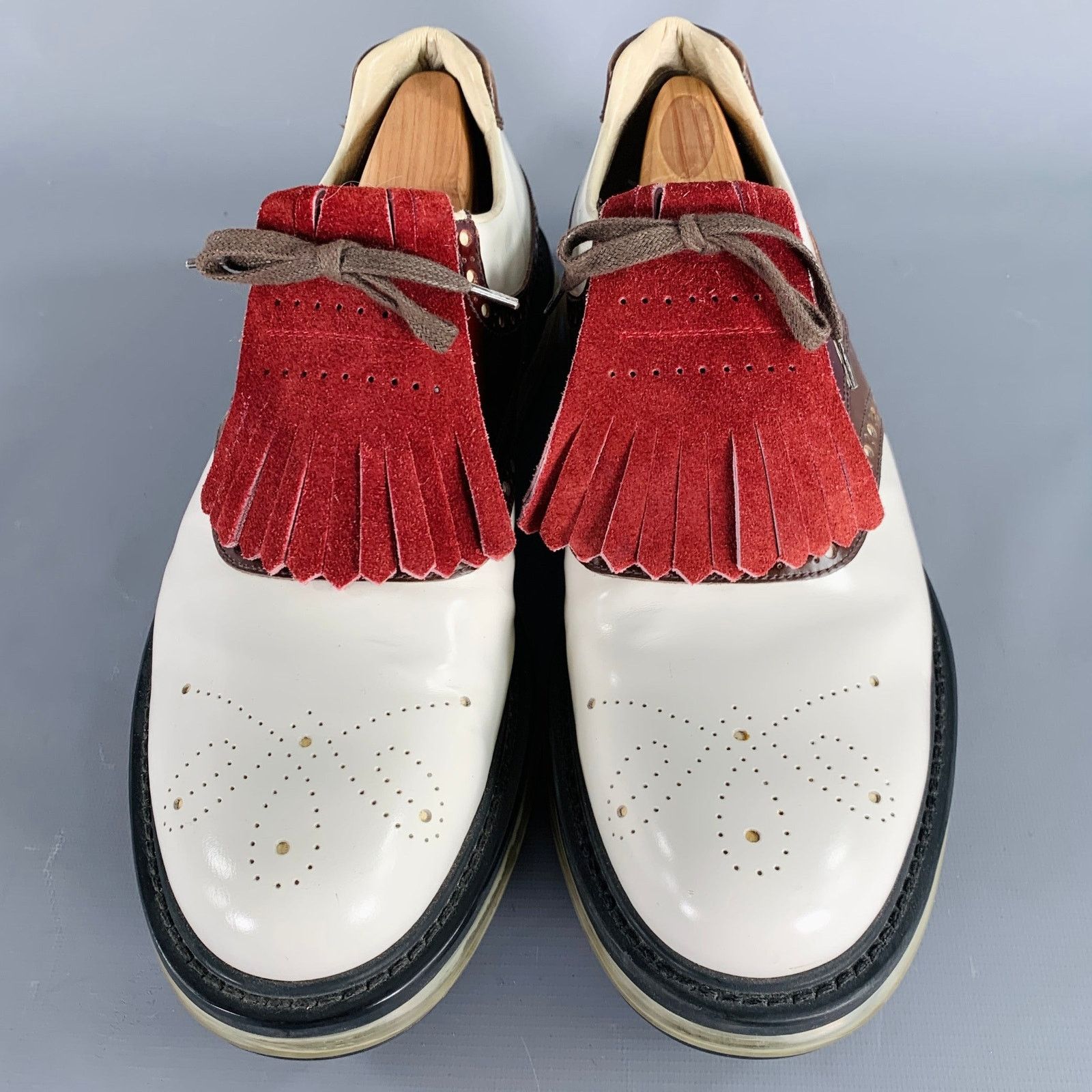 Prada Size 12 White Burgundy Perforated Leather Lace-Up Shoes Size US 12 / EU 45 - 4 Thumbnail