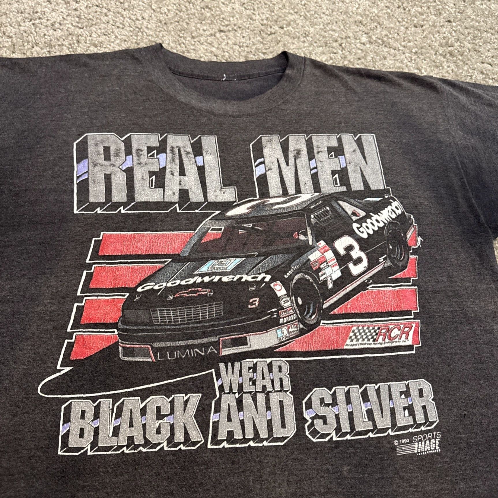 NASCAR VINTAGE Dale Earnhardt Real Men Wear Black Silver Tee NASCAR Shirt Mens L Black 1990s Size US L / EU 52-54 / 3 - 4 Thumbnail
