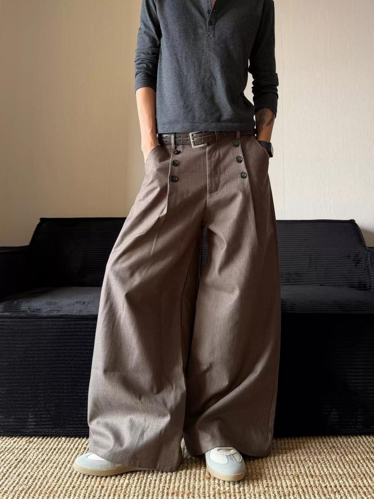 Other Brown Wide Leg High Waist Pants, Button Detail Trousers Size US 28 / EU 44 - 3 Thumbnail