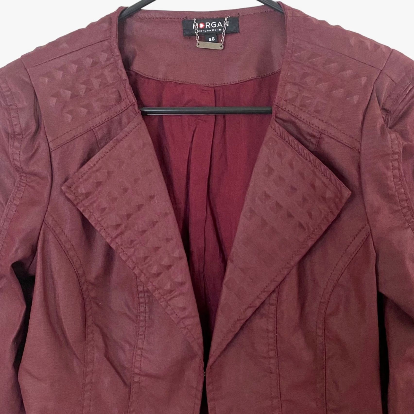Morgan De Toi VINTAGE Morgan Studded Moto Blazer Jacket Women's 38 Burgundy Red Waxed Long Sleeve Jacket Zipped Pockets Motorcycle Theme Mens Womens Girls Size XS / US 0-2 / IT 36-38 - 5 Thumbnail
