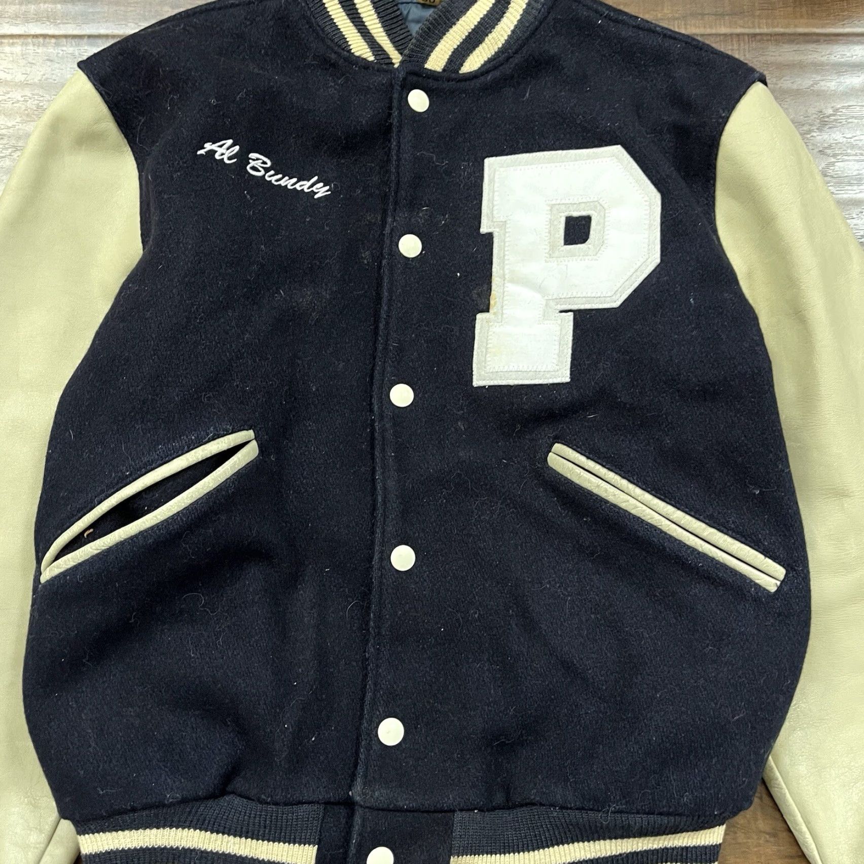 VINTAGE Married With Children Al Bundy Polk High Wool Leather Varsity Promo Jacket Vtg Blue S 80s Mens