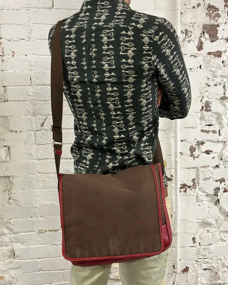 Prada Prada Brown Canvas Red Leather Messenger Bag Size ONE SIZE - 2 Thumbnail