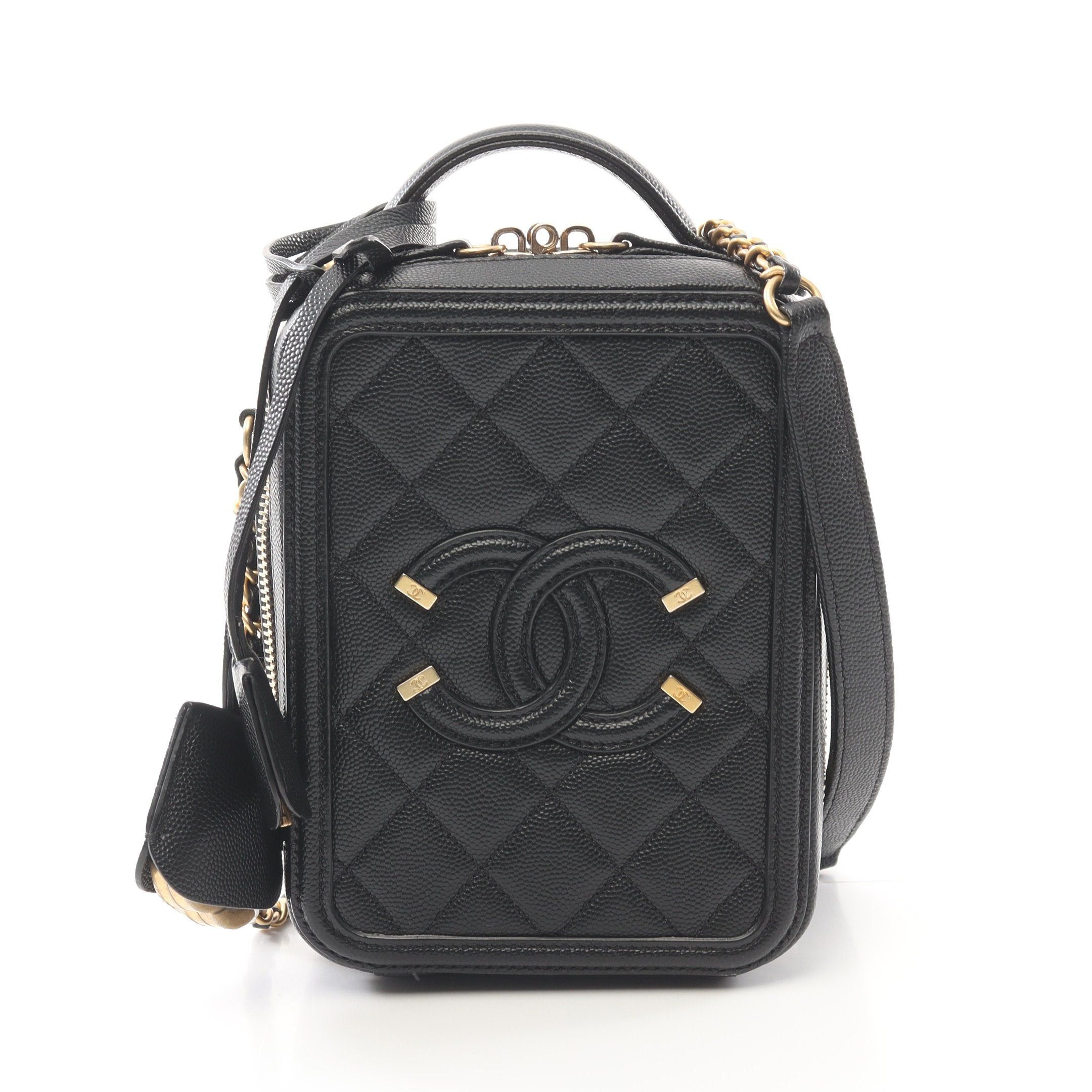 Chanel Cc Filigree Chain Shoulder Bag Caviar Skin Black Gold Hardware