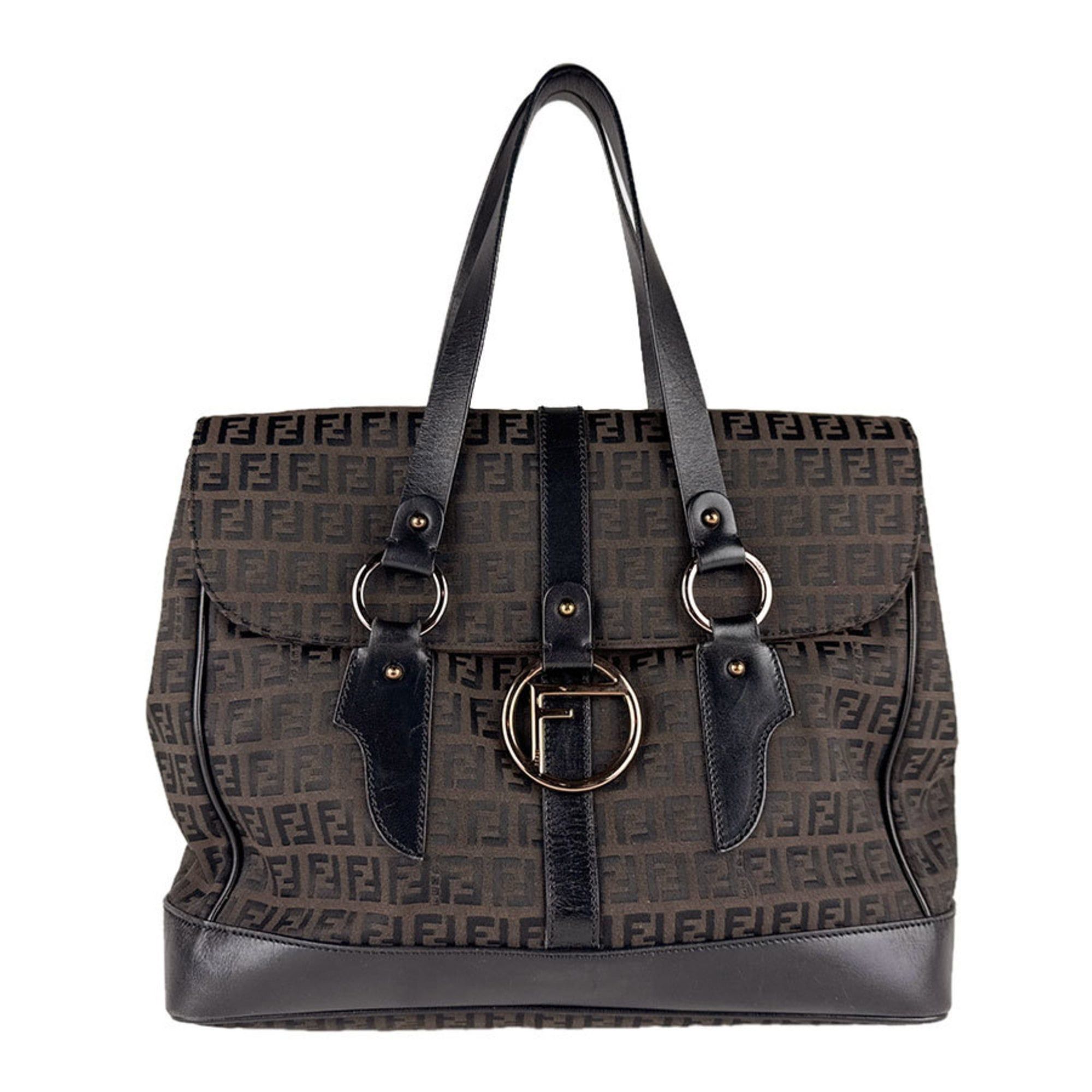 Fendi Zucchino Shoulder Bag in Nylon Canvas and Leather Brown Black Women's Free Shipping z8785