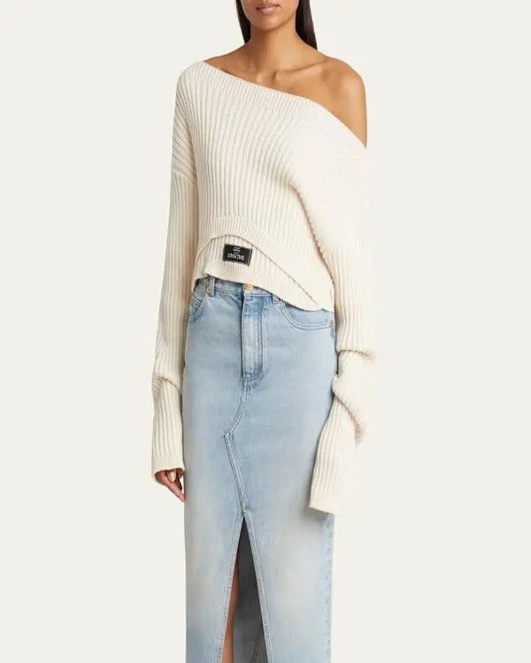 Balmain o1s1wg111225 Ribbed Cashmere Cropped Sweater in White Size S / US 4 / IT 40 - 3 Thumbnail
