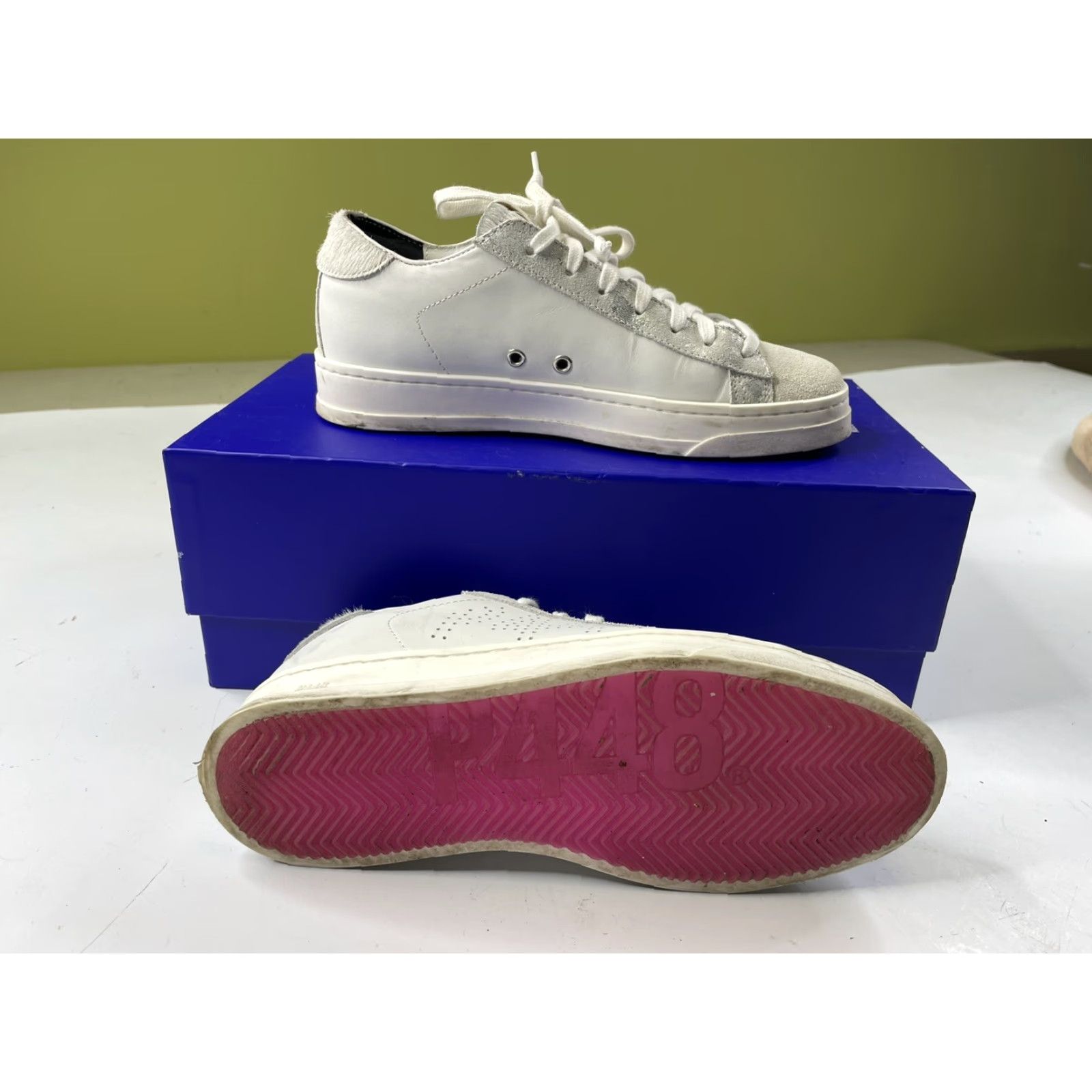 P448 P448 Jack Sneakers Women's 37 Low Top White Pink Fluro Leather Cowhide Breathable Cushioned Casual Walking Shoes Size M / US 6-8 / IT 42-44 - 2 Thumbnail