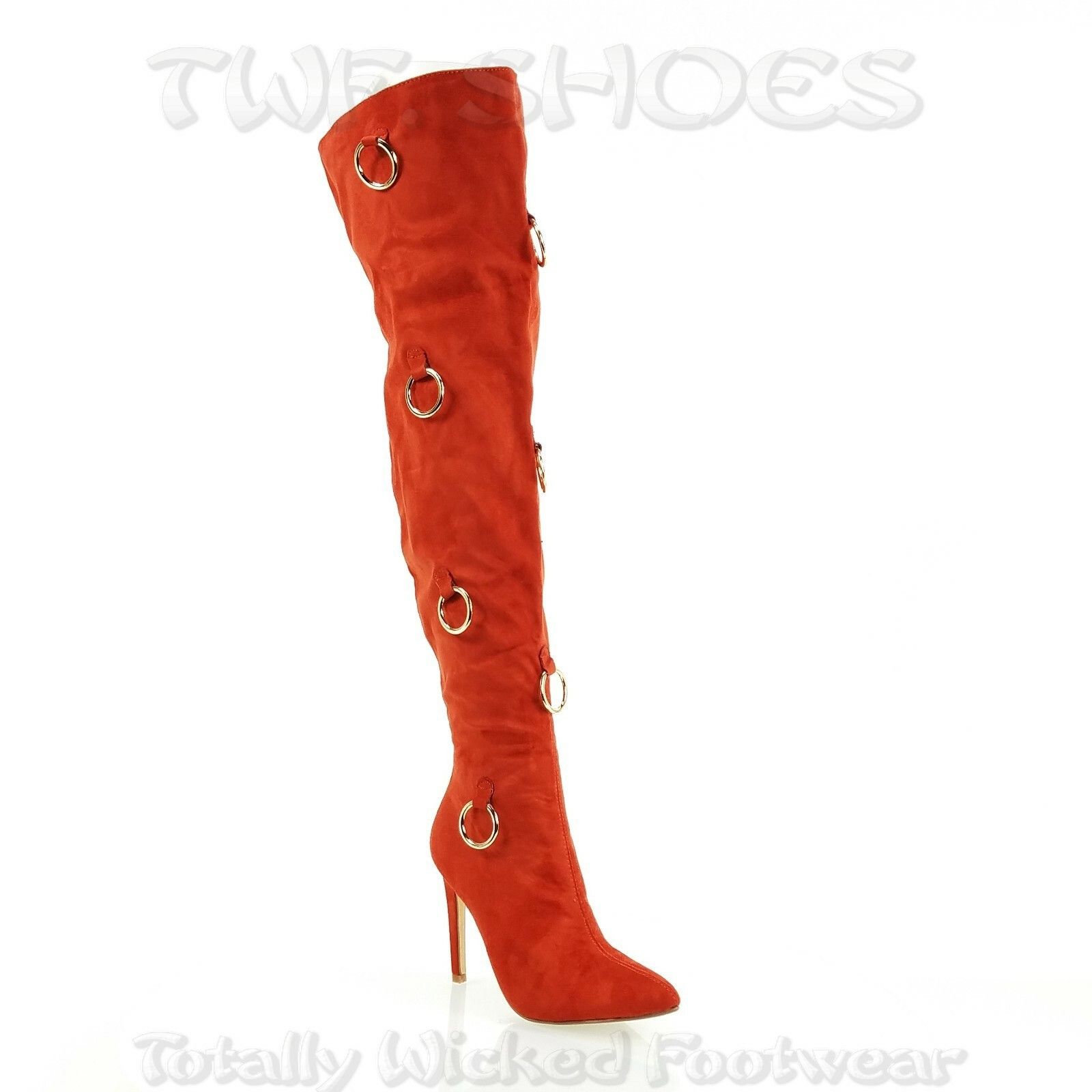 Other CR Gigi 68 Rust Red OTK Thigh Boot 4.5" High Heel Gold Bull Size US 6.5 / IT 36.5 - 4 Thumbnail