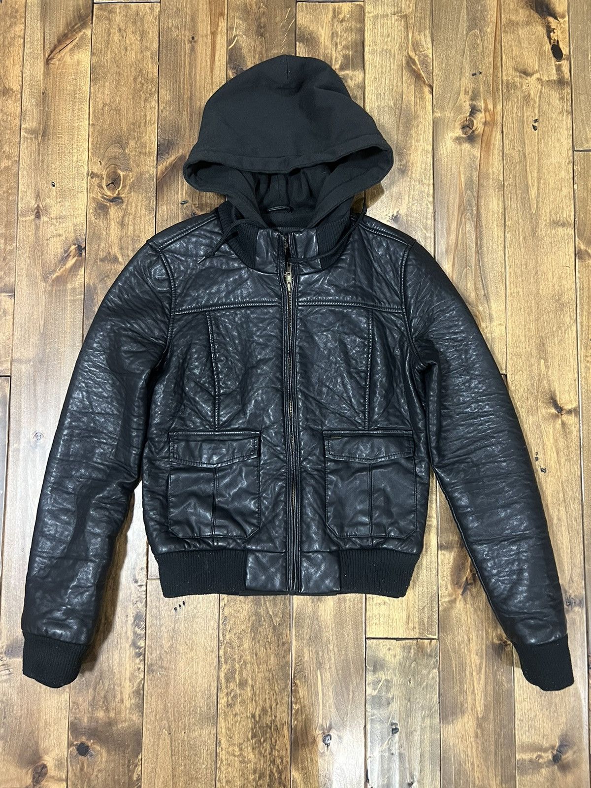 Pre-owned Obey Propaganda Hooded Leather Jacket In Black