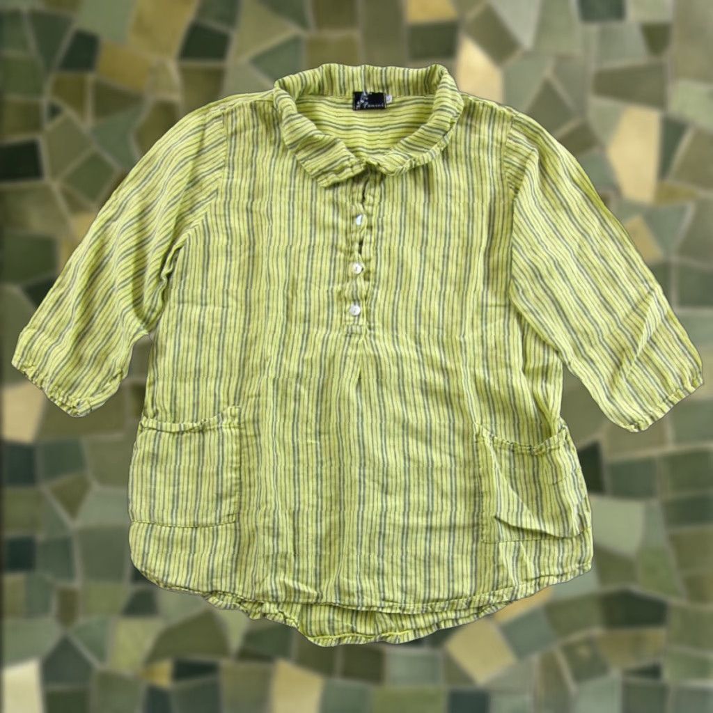 Vintage FENINI Blouse Tunic 3/4 Sleeve Shirt L Yellow Blue Stripe Collared Pocket Linen 100% Linen Women Size L / US 10 / IT 46 - 1 Thumbnail