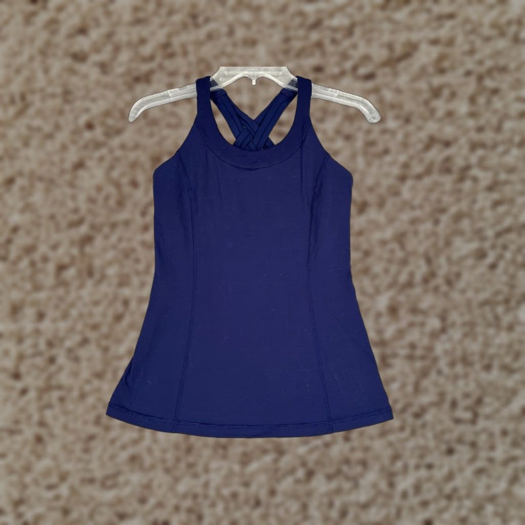 Lululemon Tank Top Womens 6 Blue Built In Bra Strappy Crossback Yoga Gym Workout (Size Medium)