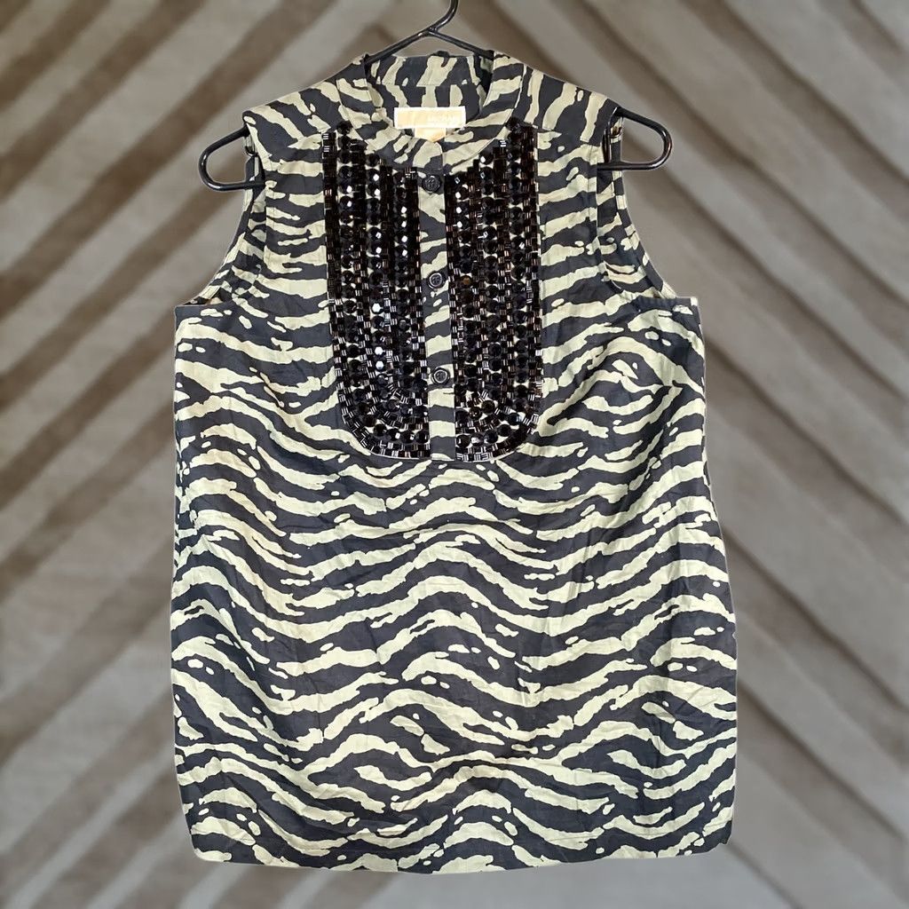 Vintage Michael Kors Women Blouse Black Green Animal Print Beaded Sleeveless Small Size S / US 4 / IT 40 - 1 Thumbnail