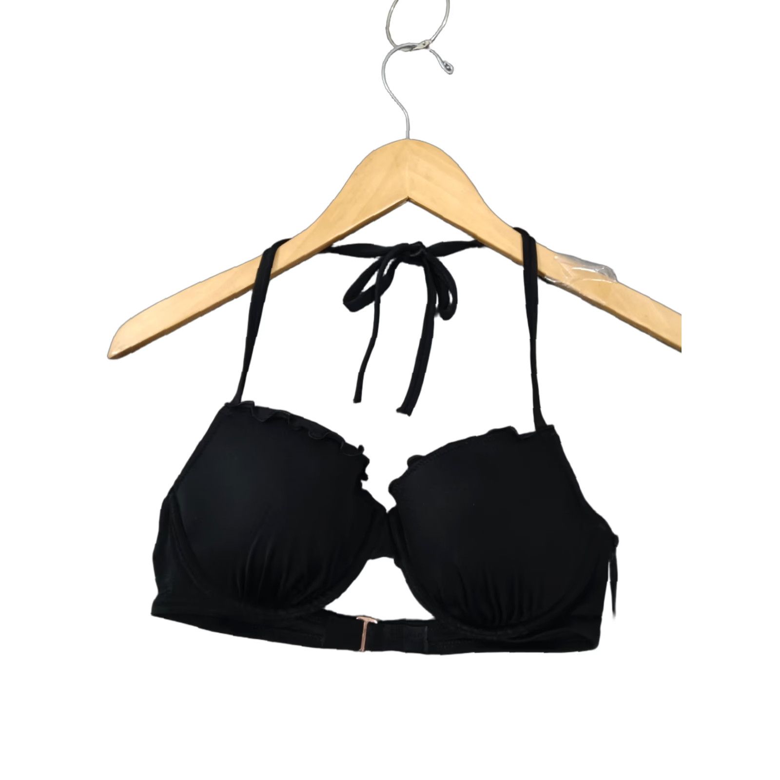 Vintage Shade & Shore Black Bikini Top - Ruffle Front Keyhole Spaghetti Strap - Padded 34C - Women Swimwear Size XXS / US 00 / IT 34 - 1 Thumbnail