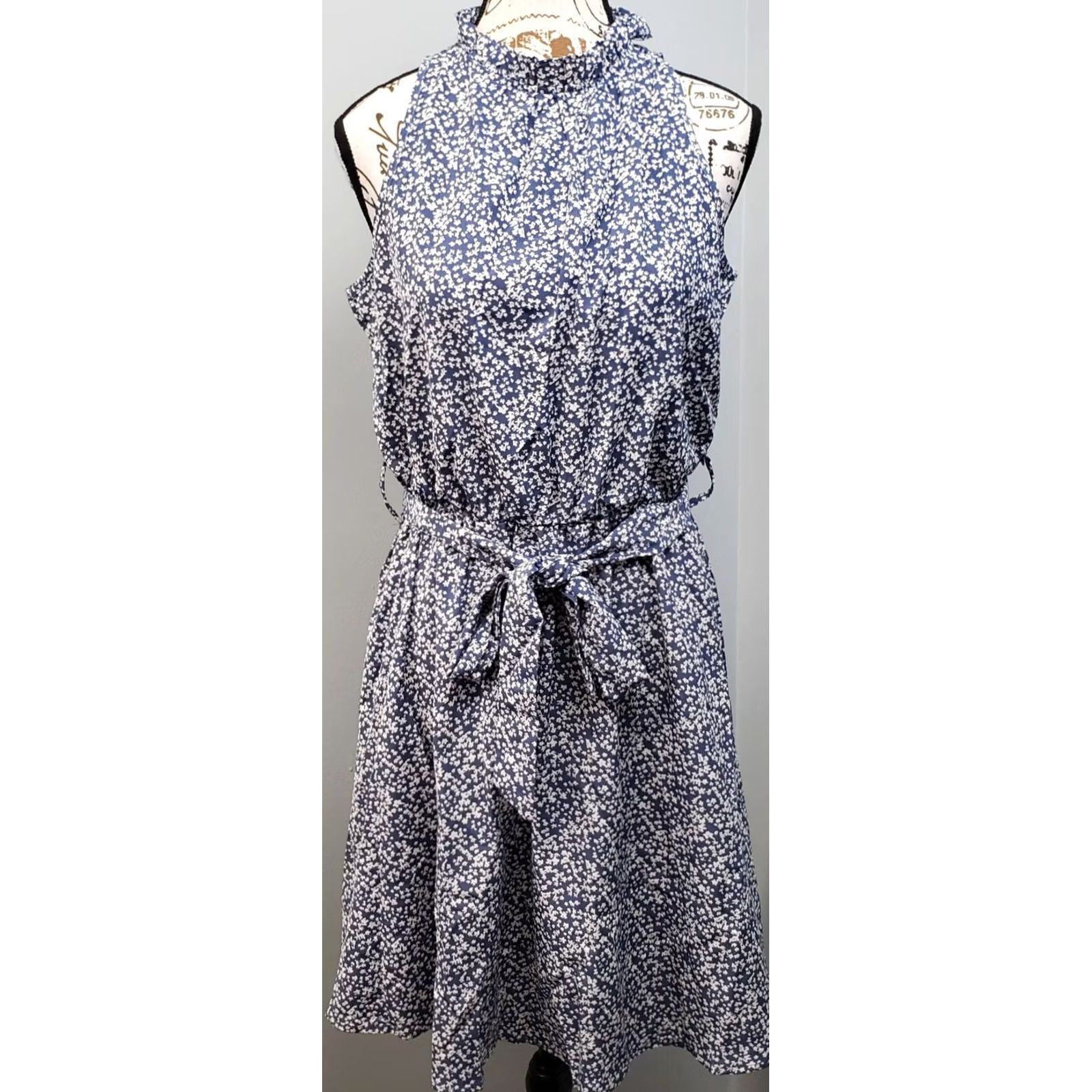 Vintage BTFBM Halter Dress Womens M Blue White Floral Sleeveless Belted Waist Swing Hem Dress Size M / US 6-8 / IT 42-44 - 2 Thumbnail