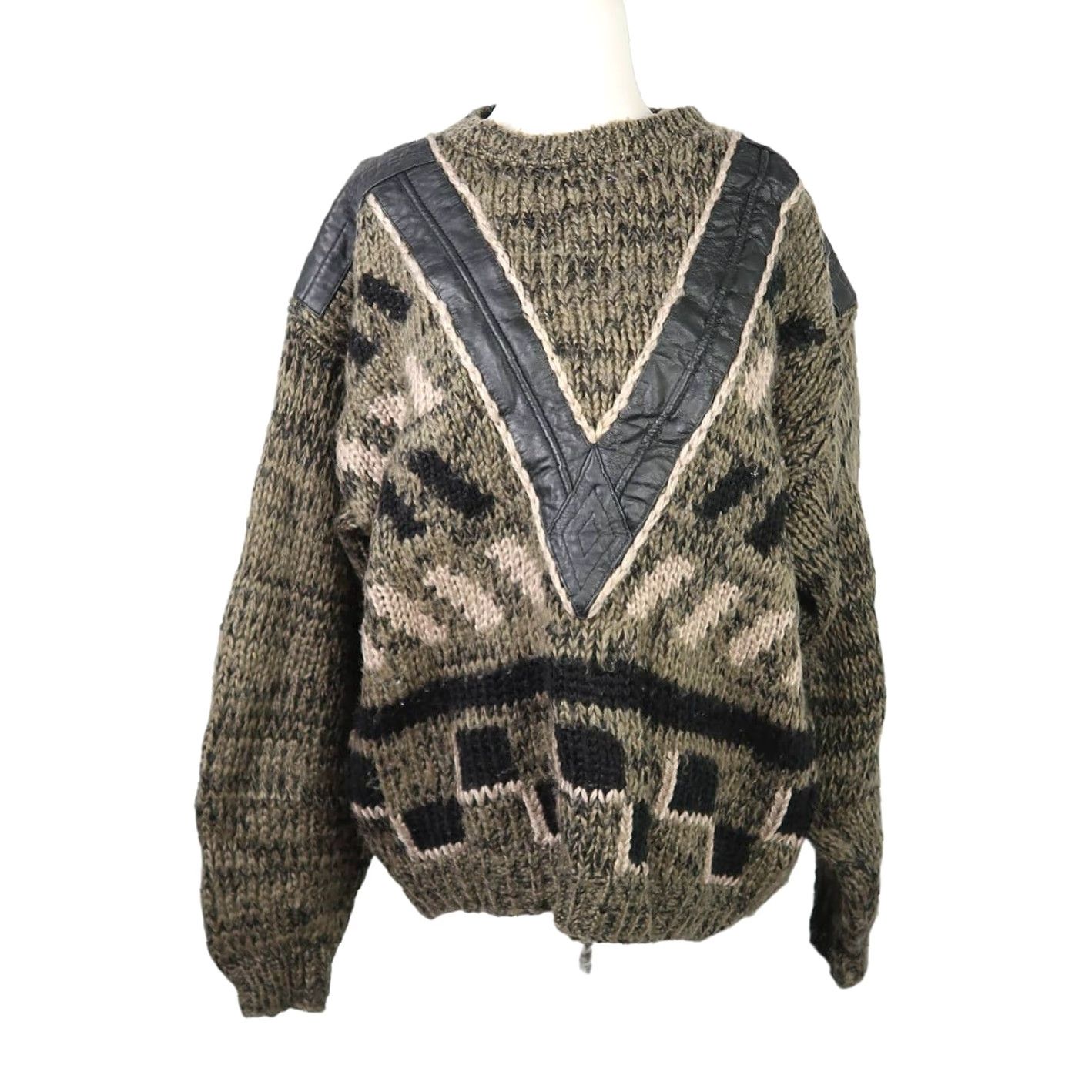 Olive VINTAGE 80s Trader Bay olive green and black knit and leather sweater L Women Geometric Chunky-Knit Balloon Sleeve Size L / US 10 / IT 46 - 2 Thumbnail