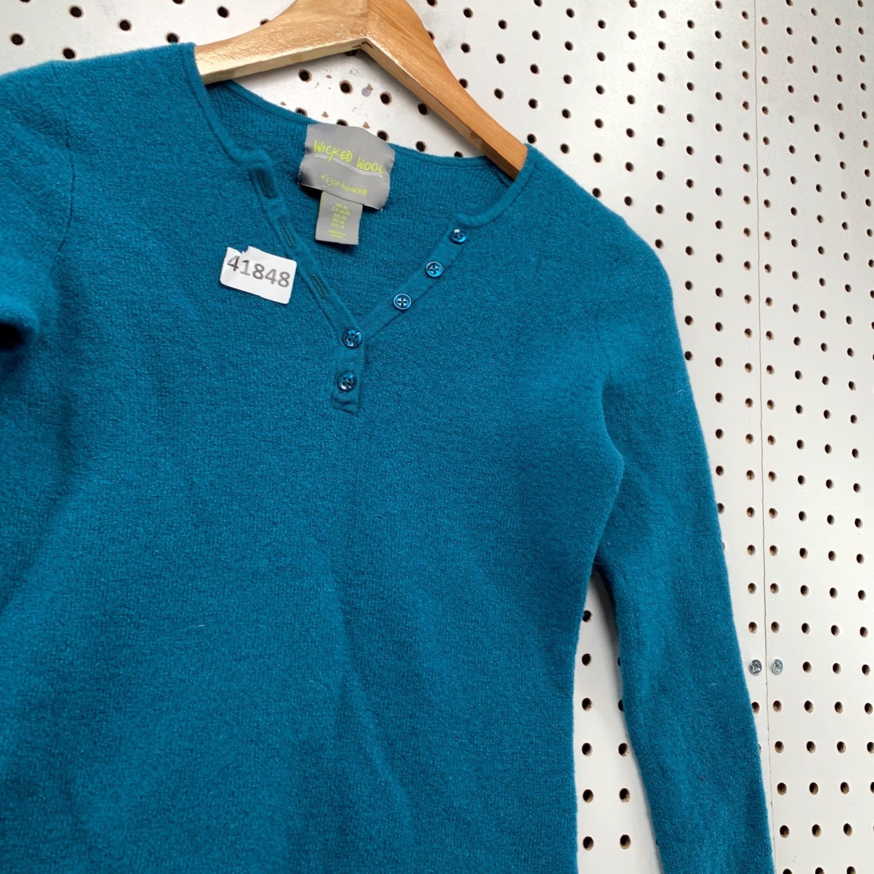 Vintage Wicked Wool Henley Top Shirt Womens Medium Teal Long Sleeve Wool Knit Size M / US 6-8 / IT 42-44 - 7 Thumbnail