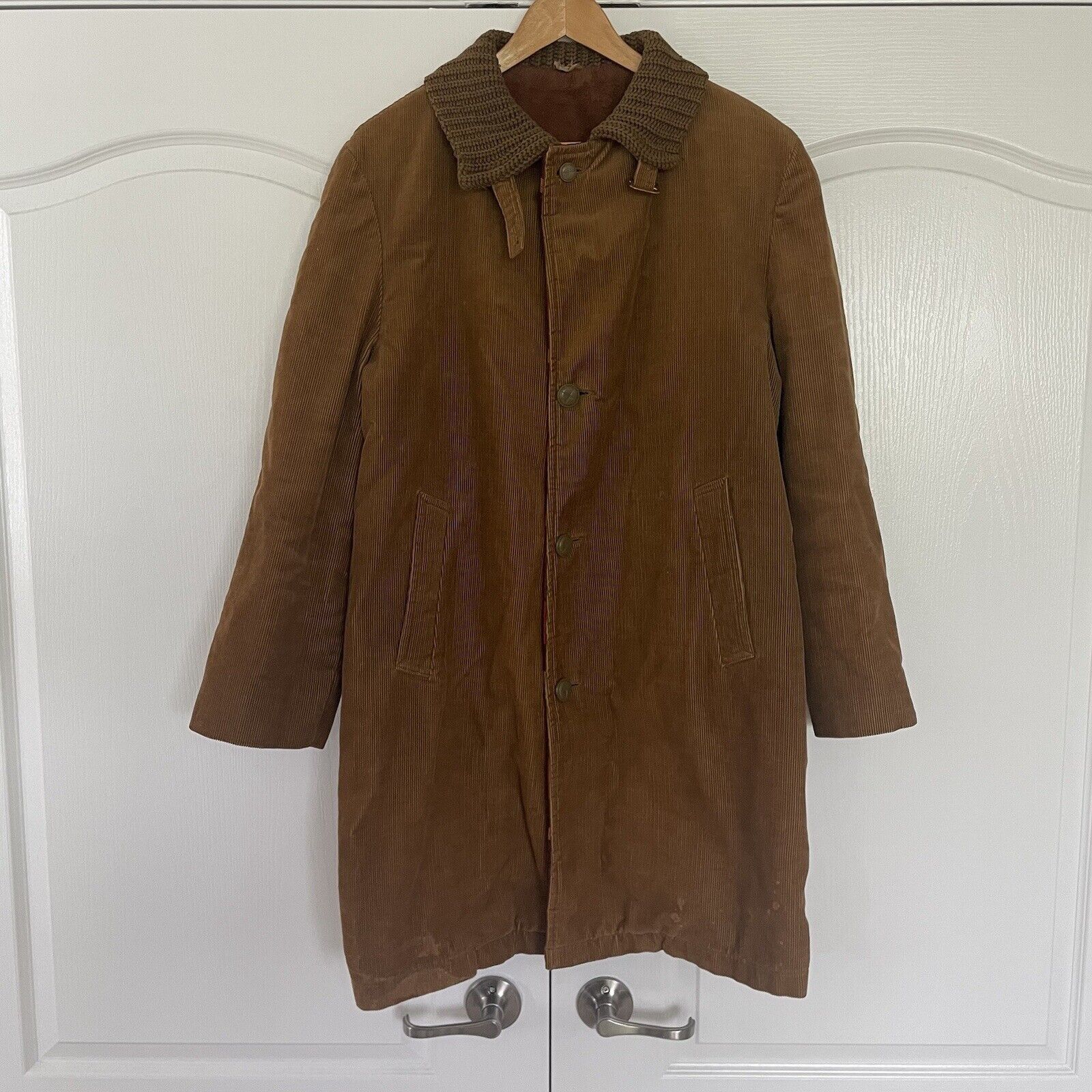Vintage 1960s Corduroy Trench Barn Coat Duster Jacket Large