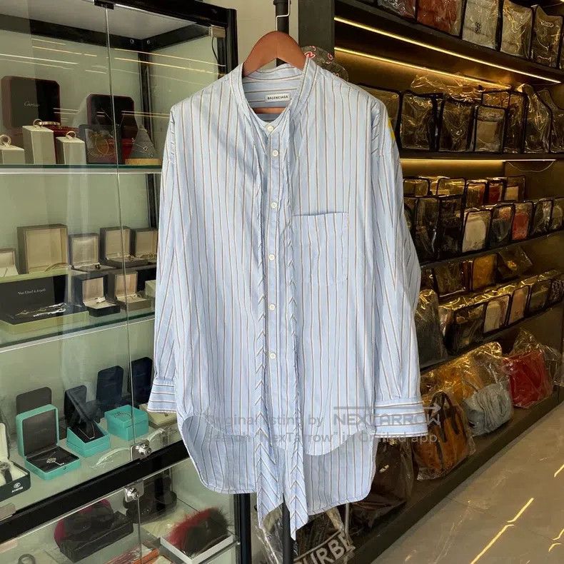 Balenciaga Balenciaga Light Blue Stripe Back Yellow Logo Long Shirt Size XS / US 0-2 / IT 36-38 - 2 Thumbnail