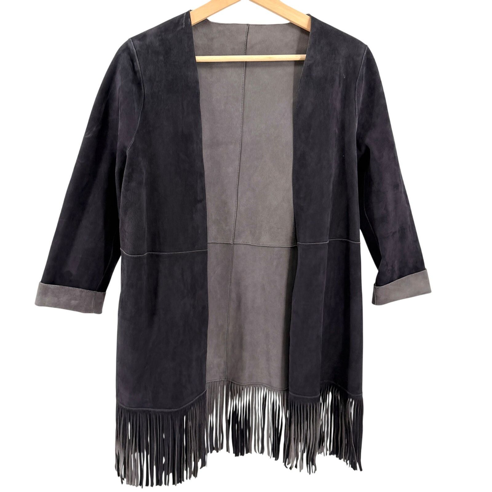 Jigsaw Gray Dark Charcoal Reversible Genuine Suede Fringe Jacket Size S / US 4 / IT 40 - 2 Thumbnail