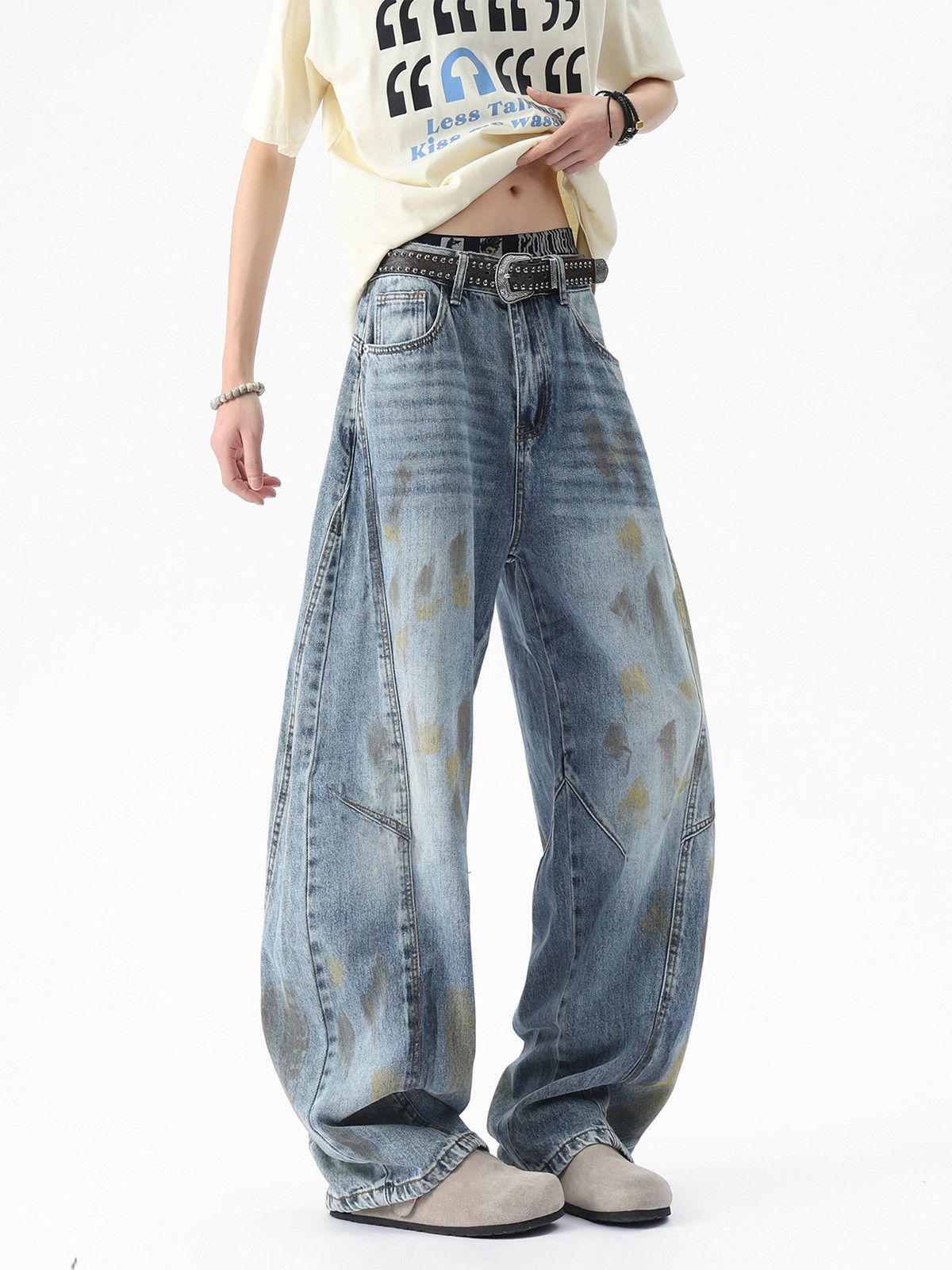 Japanese Brand Distressed men's vintage wide-leg dirty-dyed scimitar jeans Size US 32 / EU 48 - 5 Thumbnail
