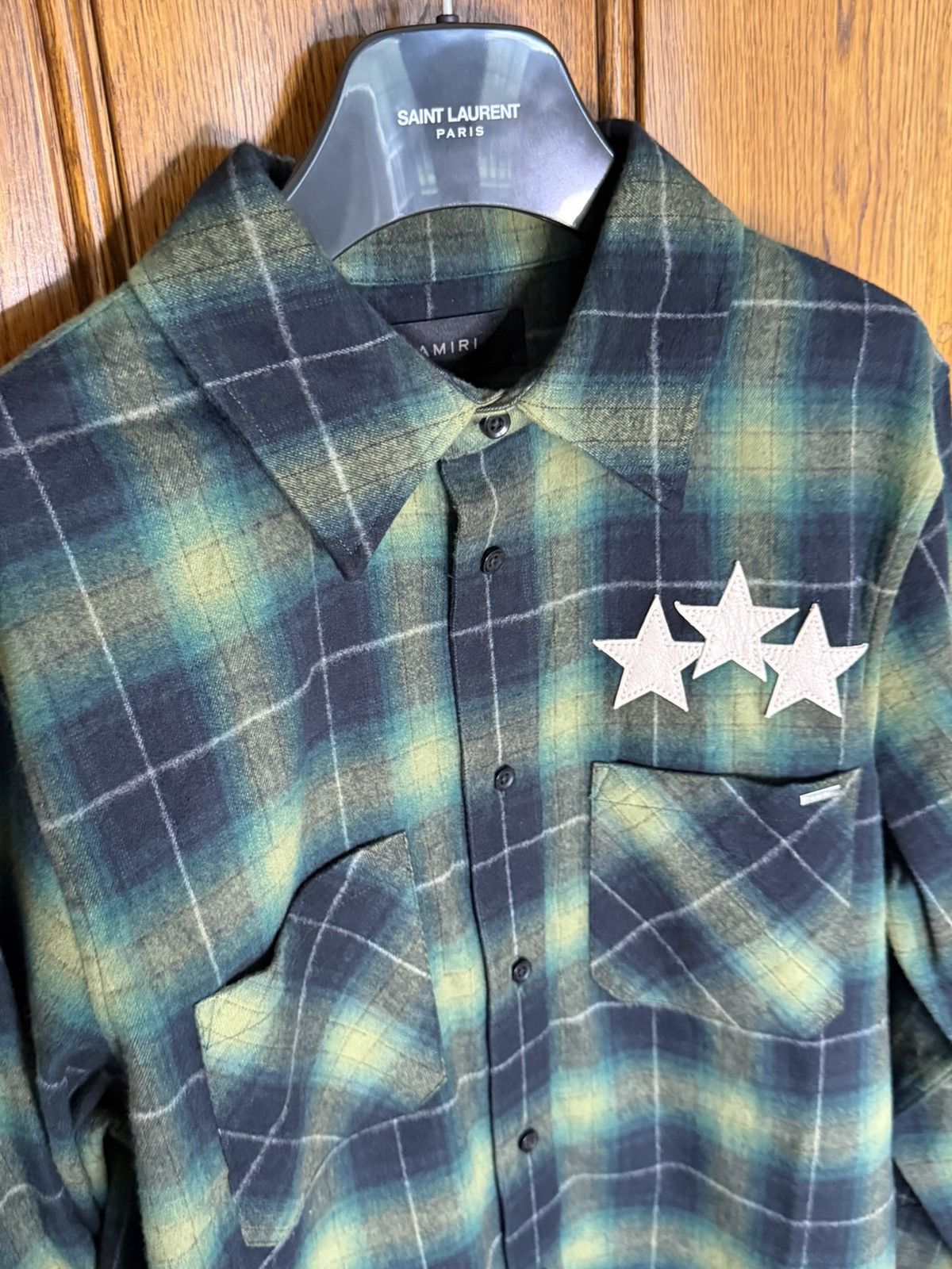 Amiri $990 Amiri leather star patch green flannel check shirt 48 Size US M / EU 48-50 / 2 - 16 Thumbnail