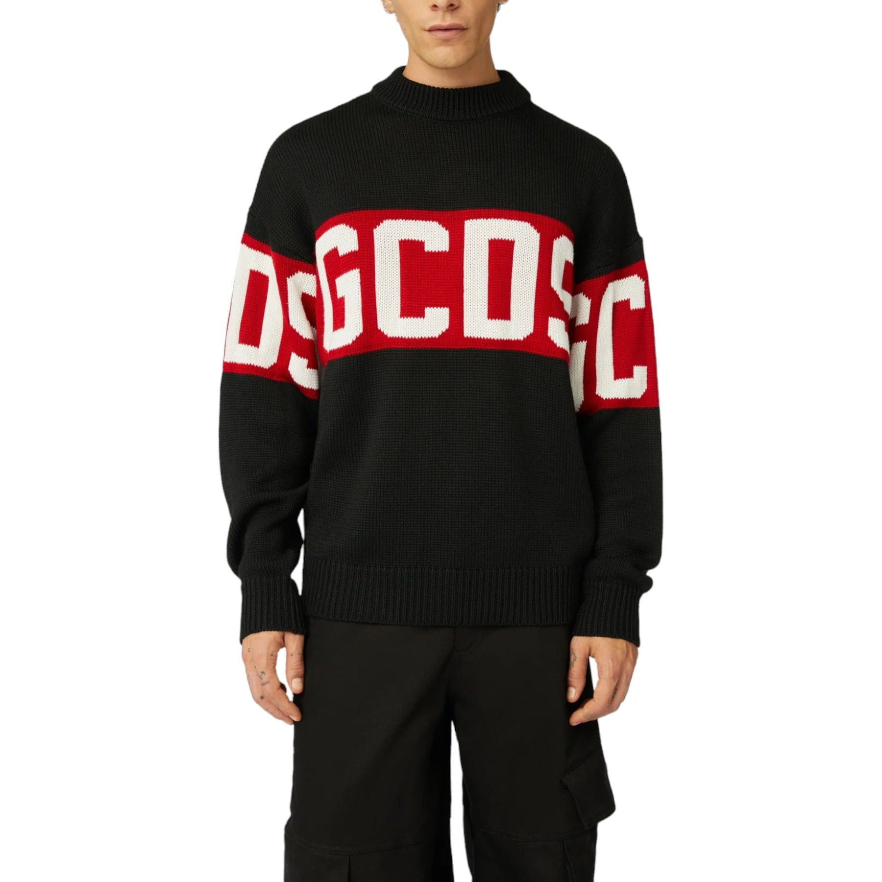 Image of Gcds Wool Logo Band Sweater Black Red - S, Men's (Size Small)